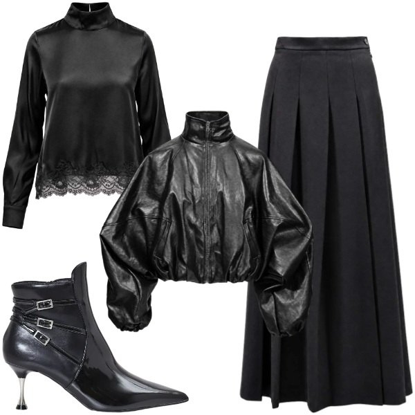 Outfit donna - Trick or treat. Stile Glamour per Serata fuori. Abbinamento con gonne lunghe, bluse, bomber, stivaletti.