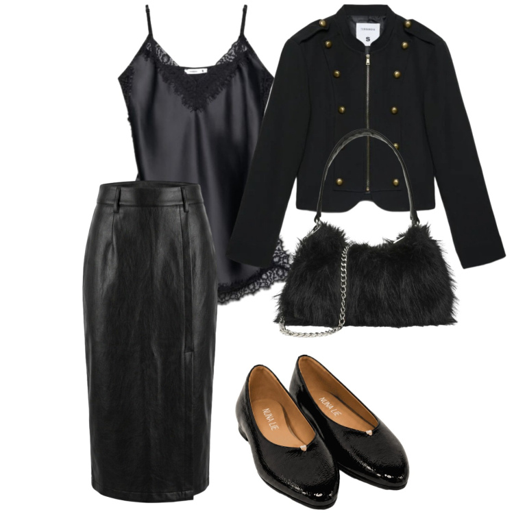 Outfit donna - Black. per Serata fuori. Abbinamento con gonne longuette, ballerine, top, blazer, borse a spalla.
