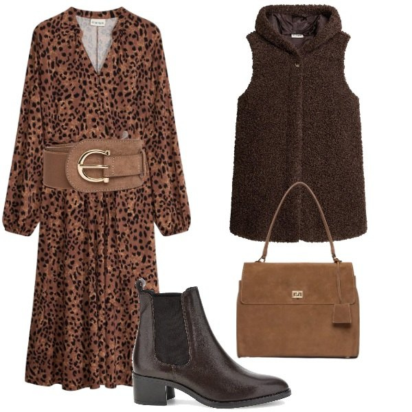 Outfit donna - Total look #2501166. Stile Trendy per Serata fuori. Abbinamento con cinture, borse a mano, vestiti, stivaletti chelsea, gilet.