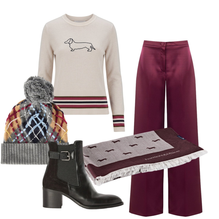 Outfit donna - Ottobre. Stile Casual per Tutti i giorni. Abbinamento con berretti, sciarpe, maglieria, stivaletti, pantaloni a palazzo.