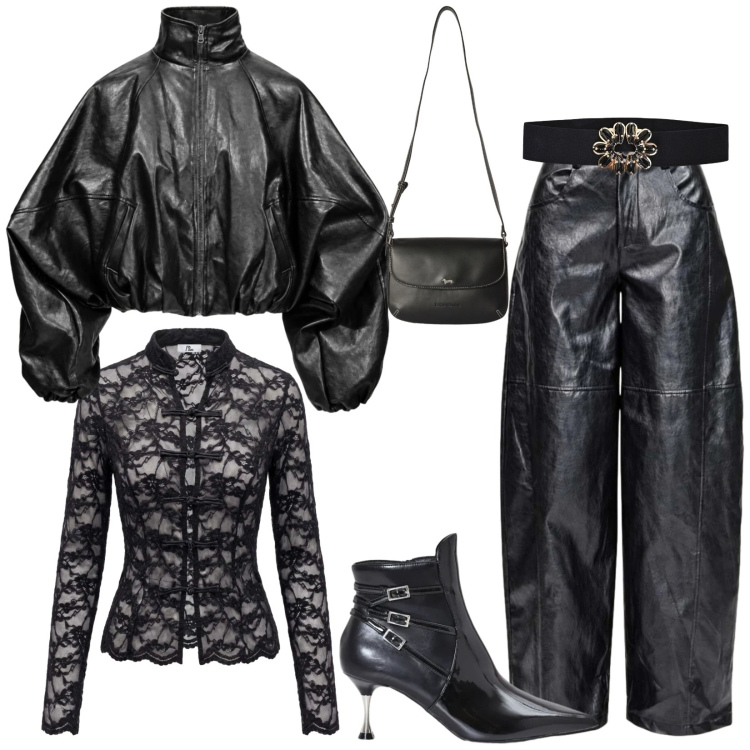 Outfit donna - Total look #2501175. Stile Rock per Serata fuori. Abbinamento con top, bomber, pantaloni a palazzo, borse a tracolla, cinture, stivaletti.