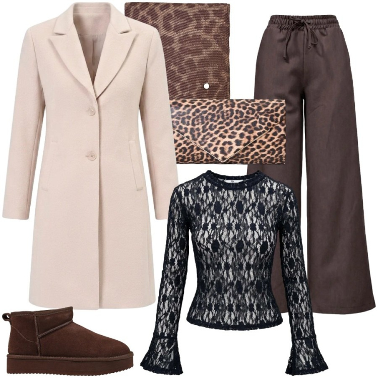 Outfit donna - Total look #2501184. Stile Casual chic per Tutti i giorni. Abbinamento con pantaloni, top, stivaletti, cappotti, pochette, sciarpe.
