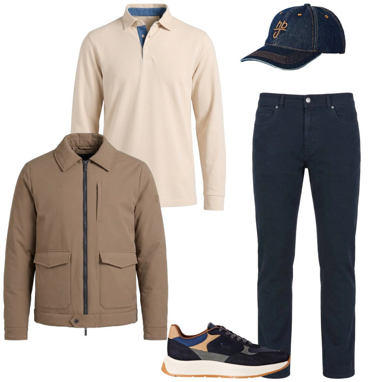 Outfit uomo - Navy e cammello. Stile Urban per Ufficio. Abbinamento con sneakers, polo, giacche, pantaloni, cappelli con visiera.