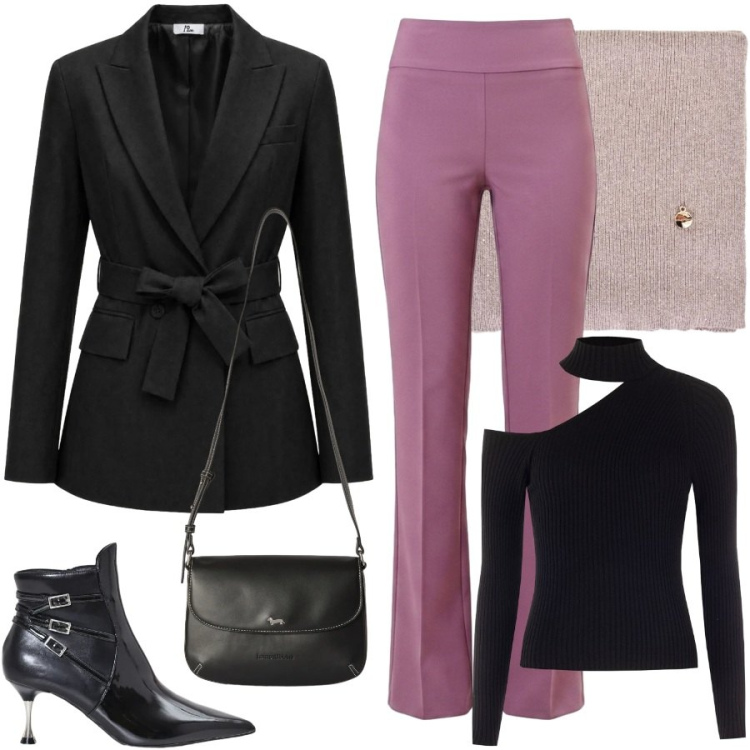 Outfit donna - A cena fuori. Stile Chic per Serata fuori. Abbinamento con blazer, borse a tracolla, stivaletti, sciarpe, pantaloni, maglieria.