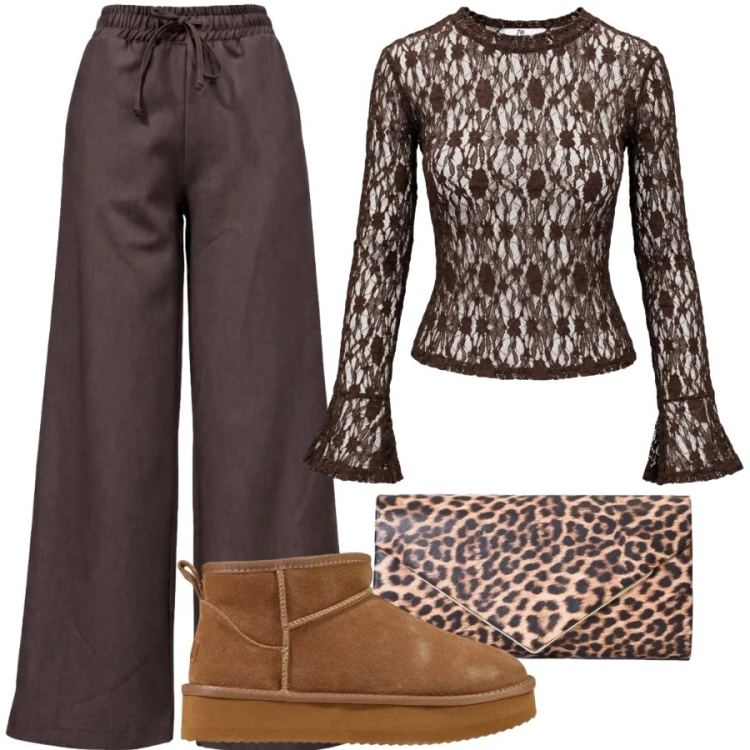 Outfit donna - Total look #2501224. Stile Trendy per Serata fuori. Abbinamento con top, stivaletti, pantaloni, pochette.