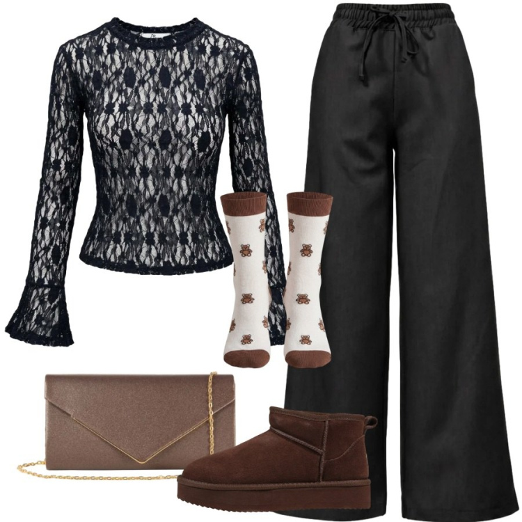 Outfit donna - Total look #2501225. Stile Trendy per Serata fuori. Abbinamento con pantaloni, top, calzini, stivaletti, clutch.