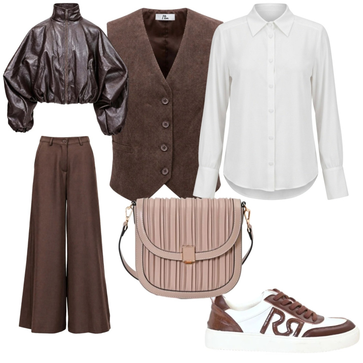 Outfit donna - Brown. Stile Casual per Ufficio. Abbinamento con bomber, pantaloni a palazzo, gilet, camicie, borse a tracolla, sneakers.