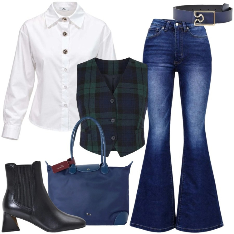 Outfit donna - All' università. Stile Casual chic per Scuola/Università. Abbinamento con camicie, jeans bootcut, shopping bag, stivaletti, cinture, gilet.