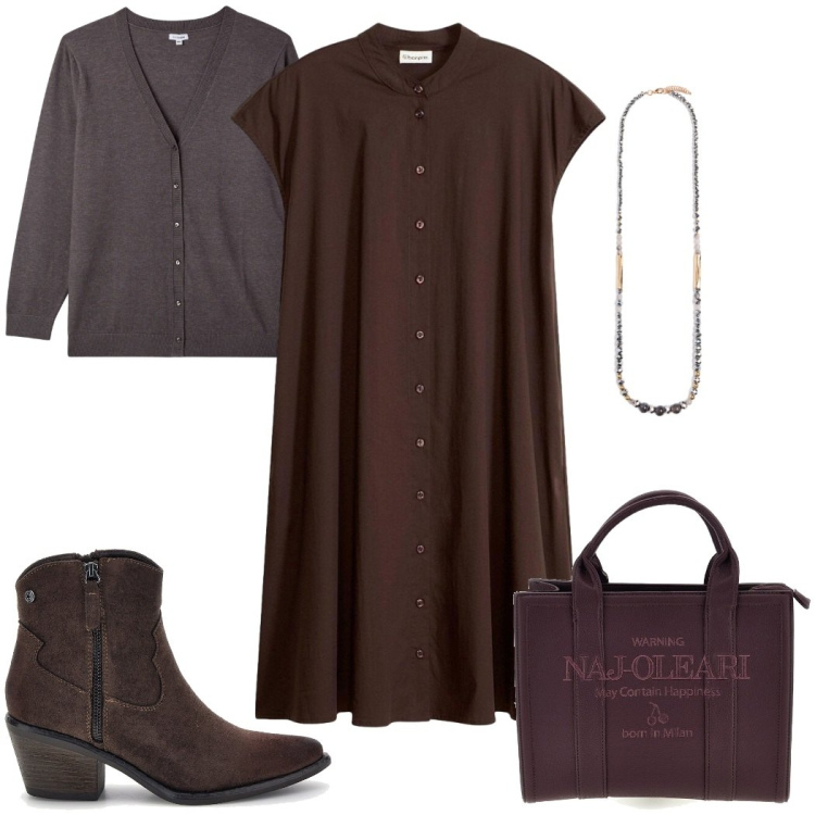 Outfit donna - Sunday Brunch : marrone. Stile Trendy per Tutti i giorni. Abbinamento con collane, cardigans, vestiti chemisier, stivaletti texani, borse a mano.