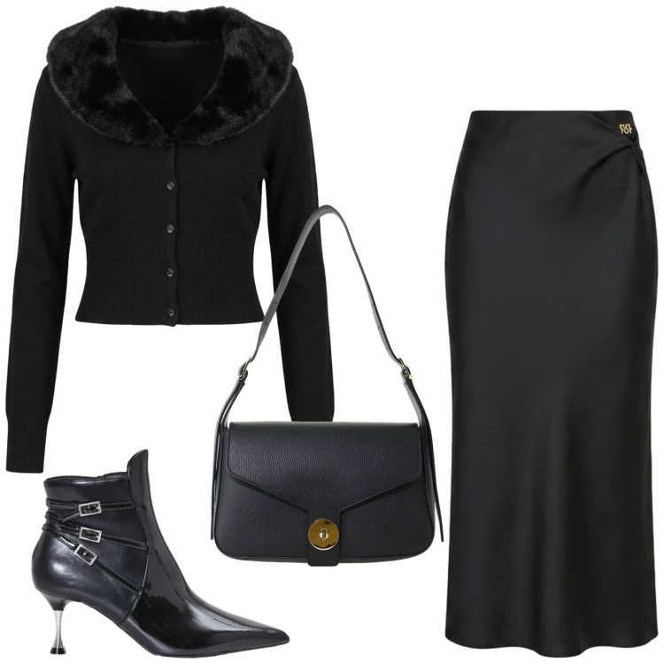 Outfit donna - Tessuti a contrasto. Stile Chic per Serata fuori. Abbinamento con borse a spalla, gonne longuette, stivaletti, cardigans.