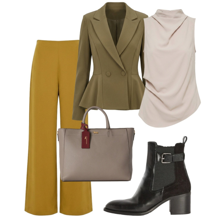 Outfit donna - Ottobre. Stile Chic per Tutti i giorni. Abbinamento con borse a mano, stivaletti, top, pantaloni a palazzo, blazer.