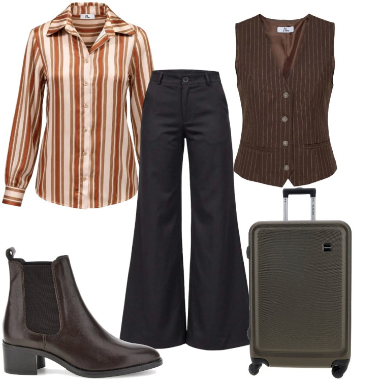 Outfit donna - I AM 70s!. Stile 70s per Tutti i giorni. Abbinamento con gilet, camicie, pantaloni, stivaletti chelsea, valigie.