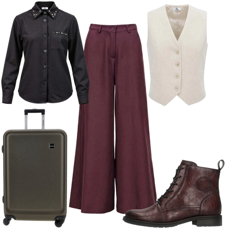 Outfit donna - I AM trendy!. Stile Trendy per Tutti i giorni. Abbinamento con pantaloni a palazzo, gilet, camicie, anfibi, valigie.