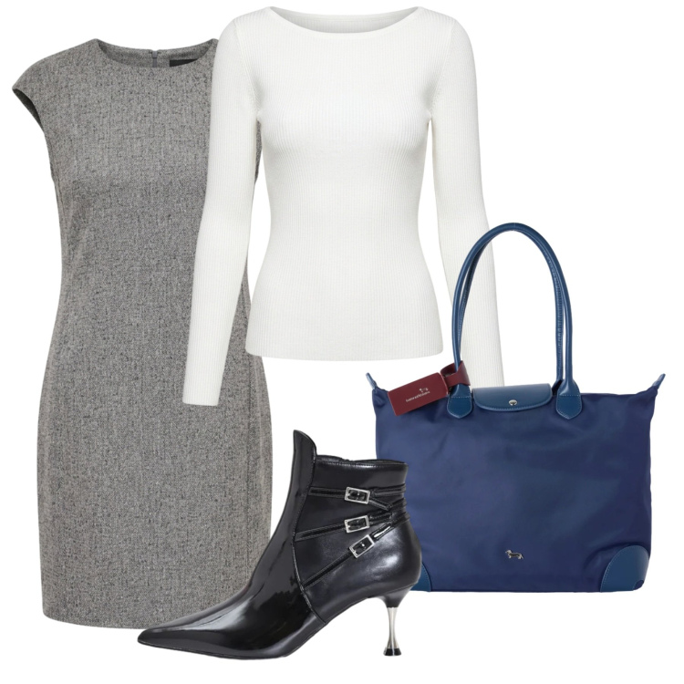Outfit donna - Ottobre. Stile Chic per Tutti i giorni. Abbinamento con shopping bag, stivaletti, t-shirt, vestiti corti.