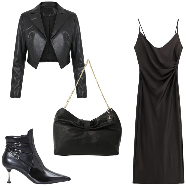Outfit donna - Giocare con gli abbinamenti. Stile Chic per Serata fuori. Abbinamento con vestiti midi/longuette, borse a tracolla, stivaletti, blazer.