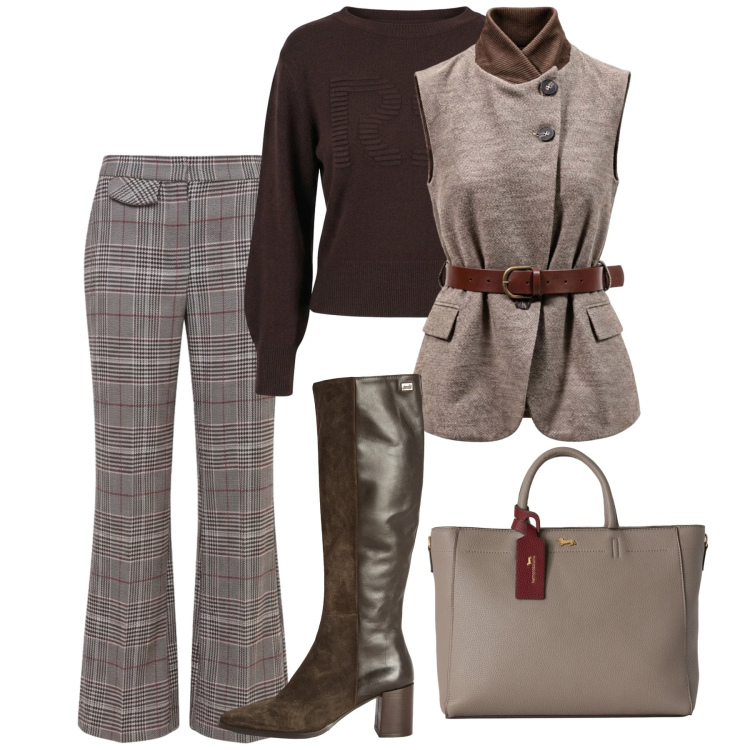 Outfit donna - Ottobre. Stile Bon Ton per Tutti i giorni. Abbinamento con gilet, borse a mano, stivali, maglieria, pantaloni.