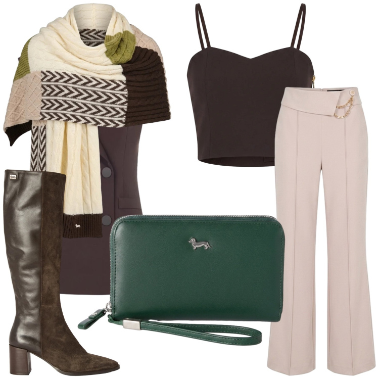 Outfit donna - Casual. Stile Casual per Tutti i giorni. Abbinamento con portafogli, stivali, sciarpe, top, gilet, pantaloni.