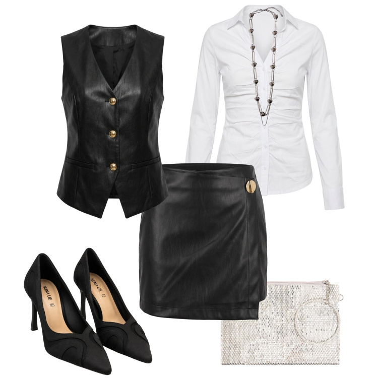 Outfit donna - Aperitivo in pelle. Stile Glamour per Serata fuori. Abbinamento con collane, minigonne, gilet, pochette, décolleté, camicie.