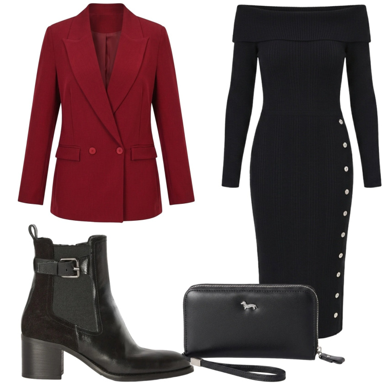 Outfit donna - Rosso e nero ad Halloween. Stile Chic per Serata fuori. Abbinamento con portafogli, stivaletti, blazer, vestiti midi/longuette.