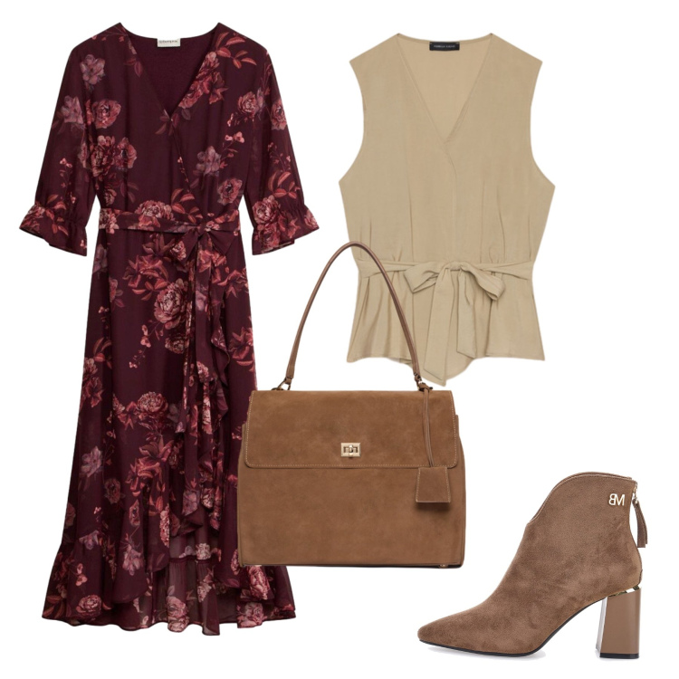Outfit donna - Total look #2501352. Stile Boho per Ufficio. Abbinamento con gilet, borse a mano, stivaletti, vestiti.