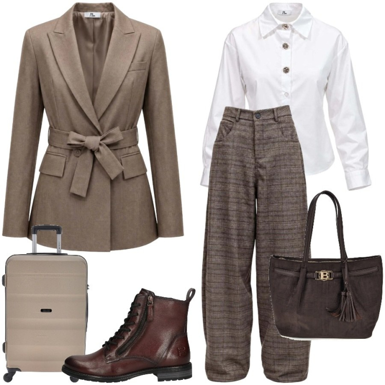 Outfit donna - Weekend d'autunno. Stile Mannish per Tutti i giorni. Abbinamento con pantaloni, camicie, blazer, valigie, stivaletti, shopping bag.