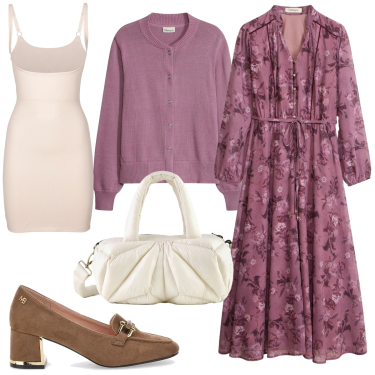 Outfit donna - Sunday brunch in città. Stile Glamour per Tutti i giorni. Abbinamento con borse a mano, sottovesti, mocassini, vestiti chemisier, cardigans.