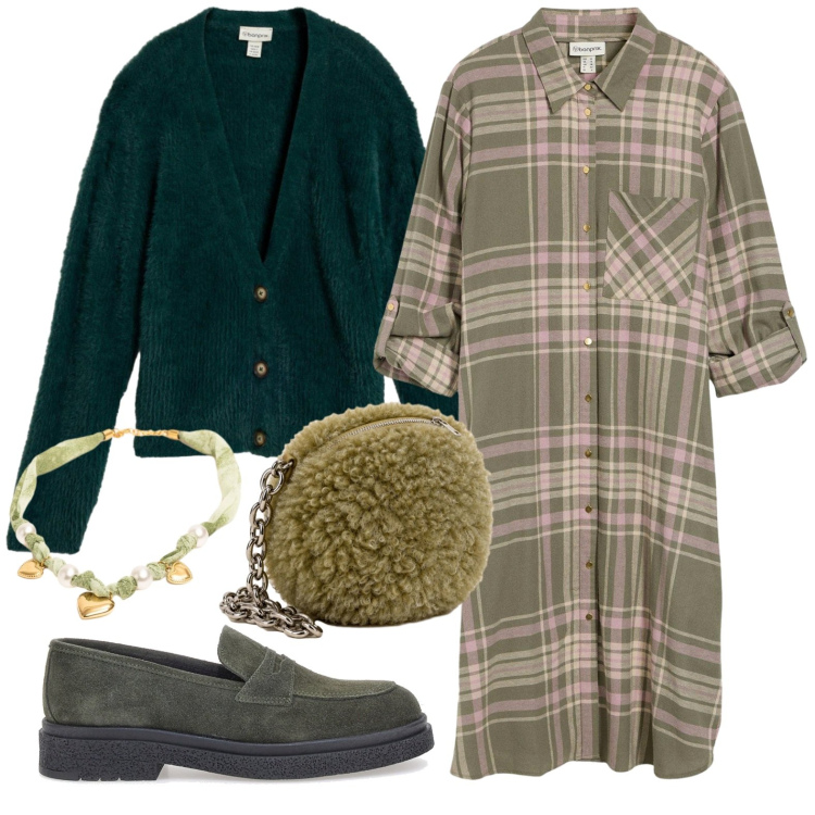 Outfit donna - Sunday brunch in città. Stile Glamour per Tutti i giorni. Abbinamento con collane, clutch, vestiti chemisier, mocassini, cardigans.
