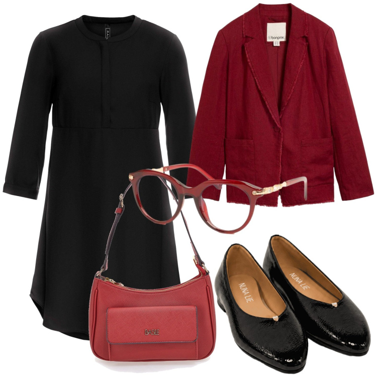 Outfit donna - Pop of red. Stile Basic per Ufficio. Abbinamento con occhiali da sole, ballerine, vestiti, borse a spalla, blazer.