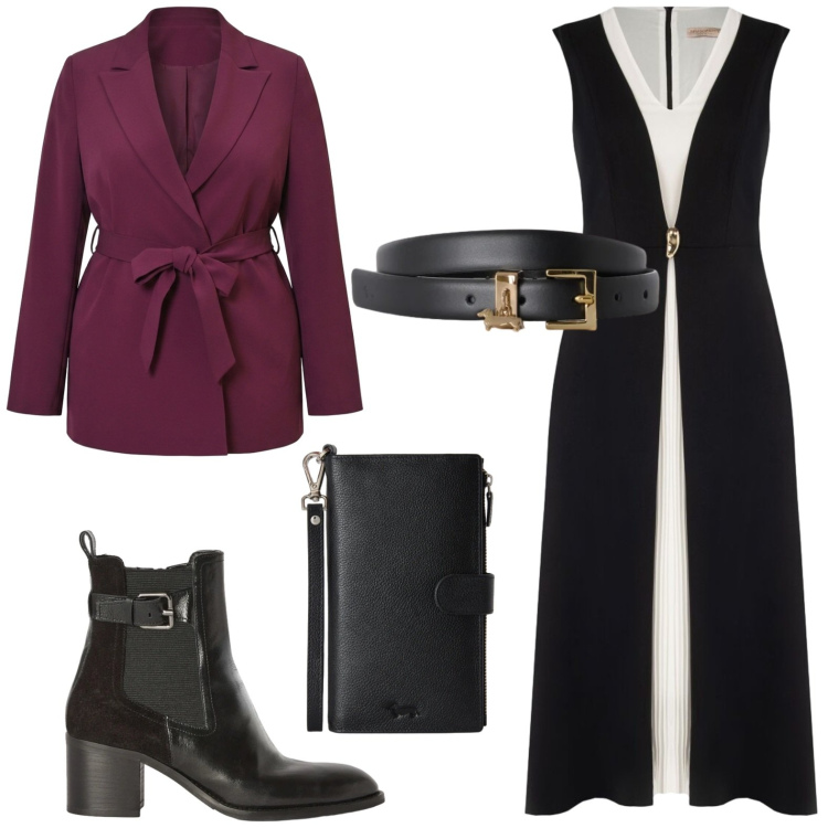 Outfit donna - Pop of red. Stile Urban per Tutti i giorni. Abbinamento con cinture, portafogli, stivaletti, vestiti lunghi, blazer.