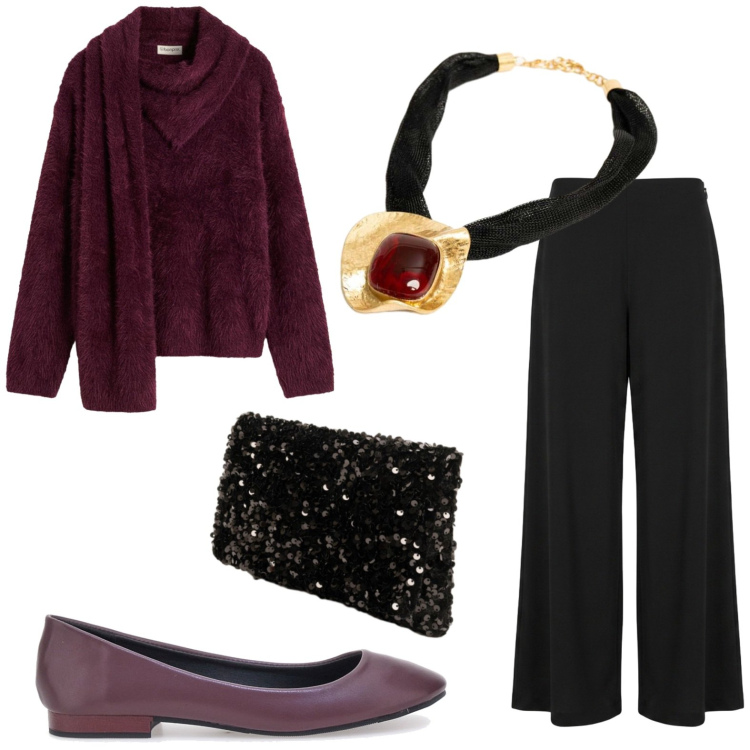 Outfit donna - Aperitivo glam. Stile Glamour per Serata fuori. Abbinamento con pantaloni a palazzo, ciondoli, pochette, ballerine, pullovers.