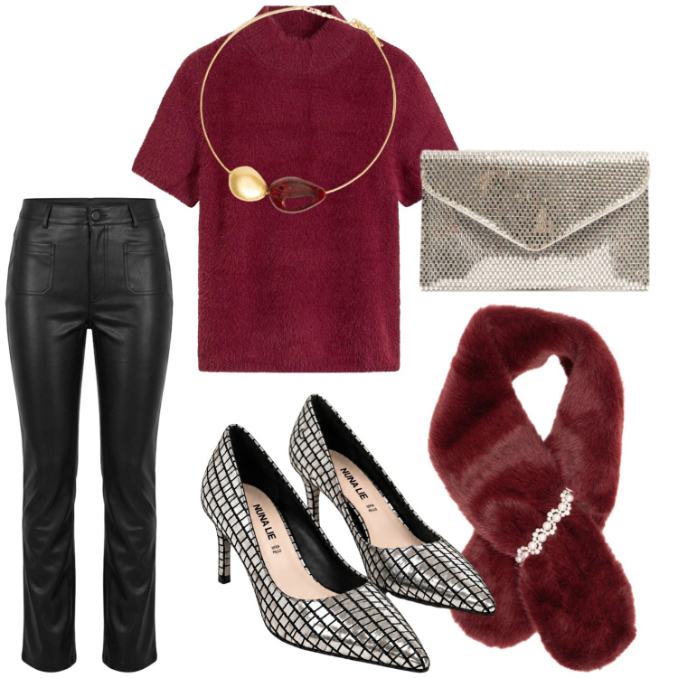 Outfit donna - Aperitivo glam. Stile Glamour per Serata fuori. Abbinamento con pochette, collane, pantaloni, sciarpe, décolleté, maglieria.