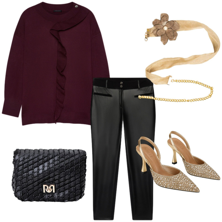 Outfit donna - Aperitivo glam. Stile Glamour per Serata fuori. Abbinamento con pantaloni skinny, maglieria, borse a tracolla, cinture, décolleté.