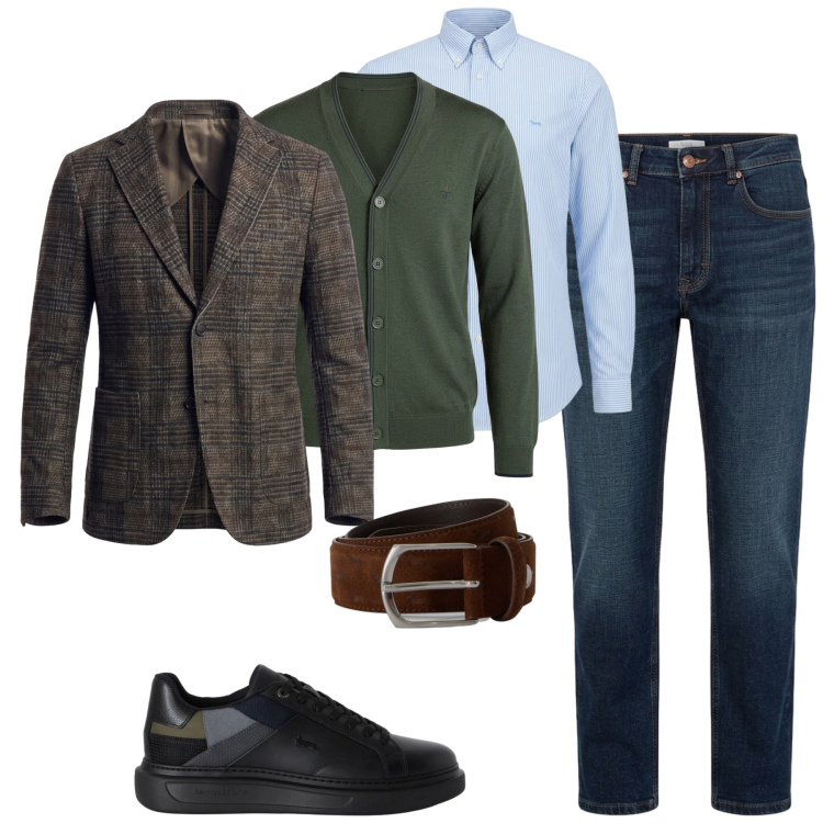 Outfit uomo - In ufficio. Stile Urban per Ufficio. Abbinamento con sneakers, cinture, camicie, cardigans, jeans, giacche.