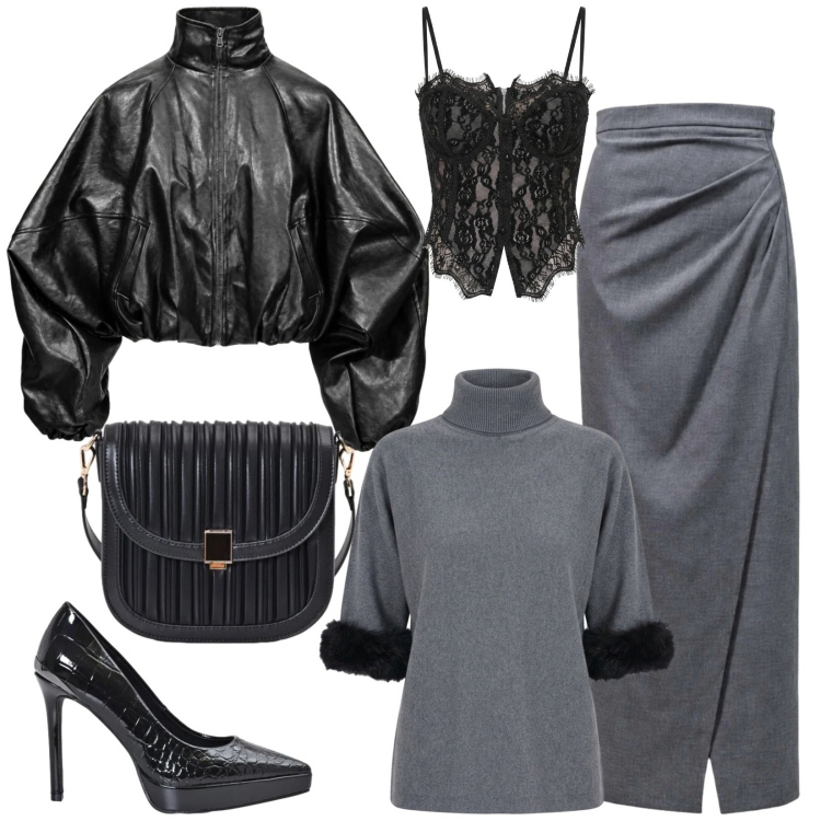 Outfit donna - Total look #2501488. Stile Glamour per Serata fuori. Abbinamento con bomber, gonne lunghe, top, borse a tracolla, décolleté, maglieria.