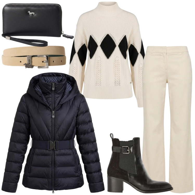 Outfit donna - Total look #2501490. Stile Casual chic per Tutti i giorni. Abbinamento con pantaloni, pullovers, cinture, portafogli, piumini, stivaletti.