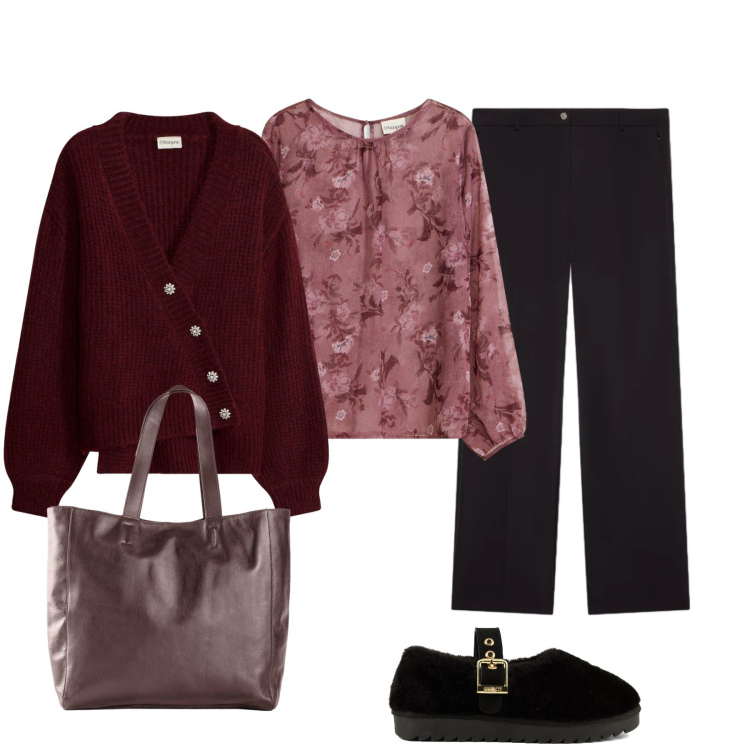 Outfit donna - Serata d’ottobre. Stile Minimal per Serata fuori. Abbinamento con pantaloni a palazzo, ballerine, tuniche, shopping bag, cardigans.