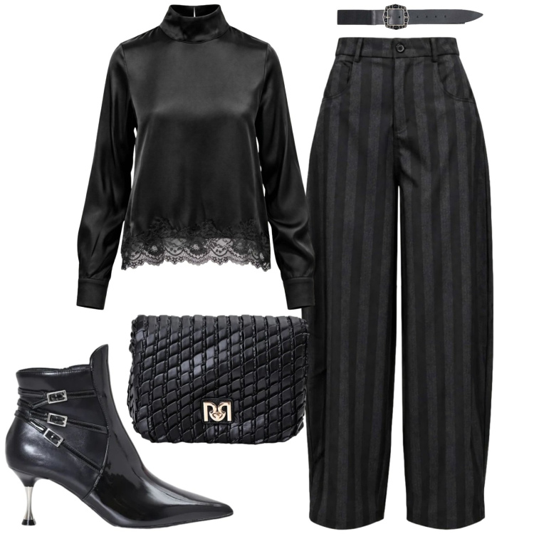 Outfit donna - Noir. Stile Casual chic per Tutti i giorni. Abbinamento con cinture, pantaloni, bluse, borse a tracolla, stivaletti.