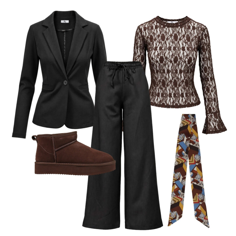 Outfit donna - Ottobre. Stile Casual chic per Tutti i giorni. Abbinamento con top, stivaletti, foulard, blazer, pantaloni.