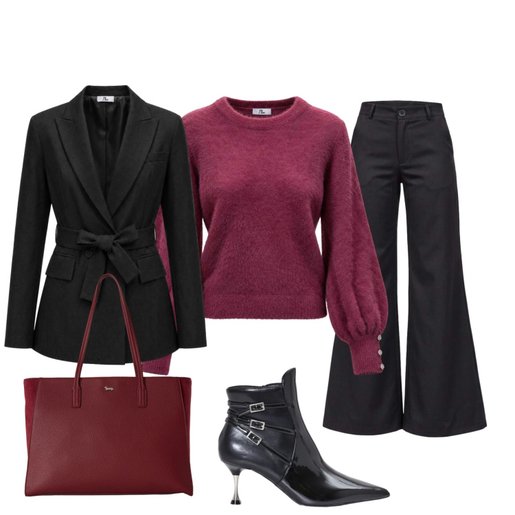 Outfit donna - Elegante con I am. Stile Casual chic per Tutti i giorni. Abbinamento con blazer, maglieria, pantaloni, shopping bag, stivaletti.