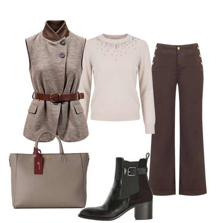 Outfit donna - Il caldo gilè. Stile Trendy per Tutti i giorni. Abbinamento con gilet, borse a mano, stivaletti, pantaloni, maglieria.