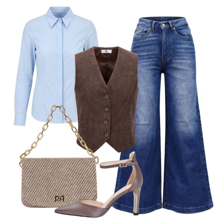 Outfit donna - Il mio sabato di relax. Stile Trendy per Tutti i giorni. Abbinamento con jeans, gilet, décolleté, camicie, borse a spalla.