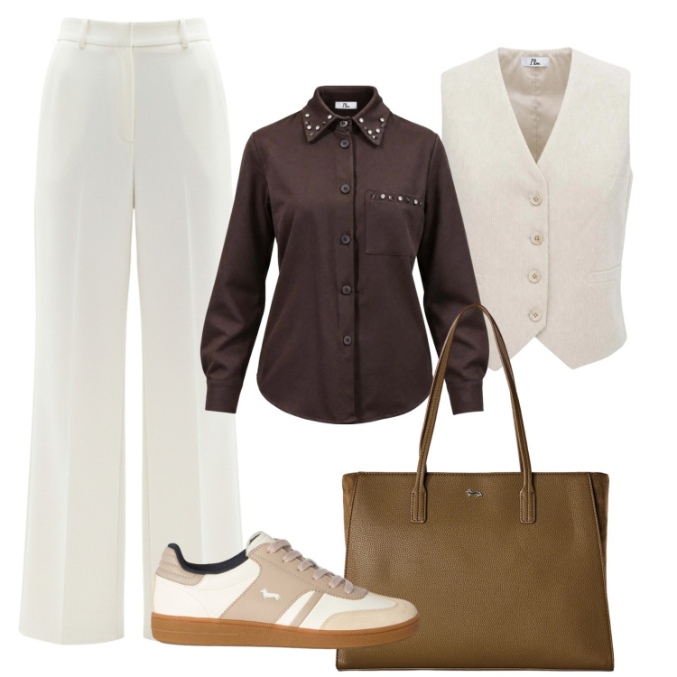 Outfit donna - Ufficio. Stile Mannish per Ufficio. Abbinamento con camicie, gilet, shopping bag, sneakers, pantaloni a palazzo.