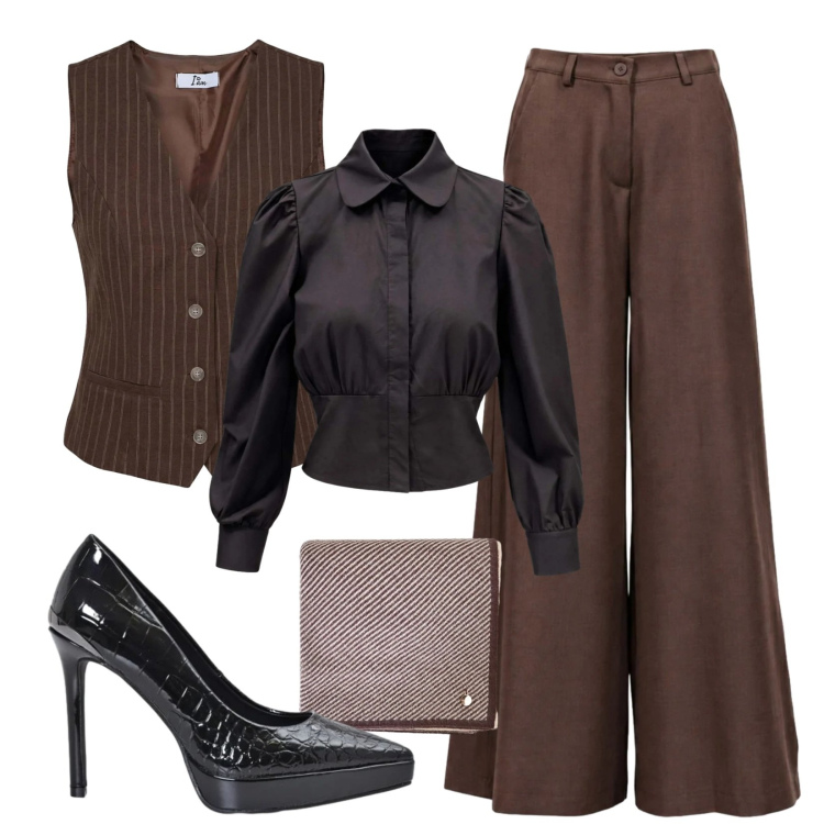 Outfit donna - Special night. Stile Glamour per Serata fuori. Abbinamento con pantaloni a palazzo, gilet, camicie, décolleté, sciarpe.