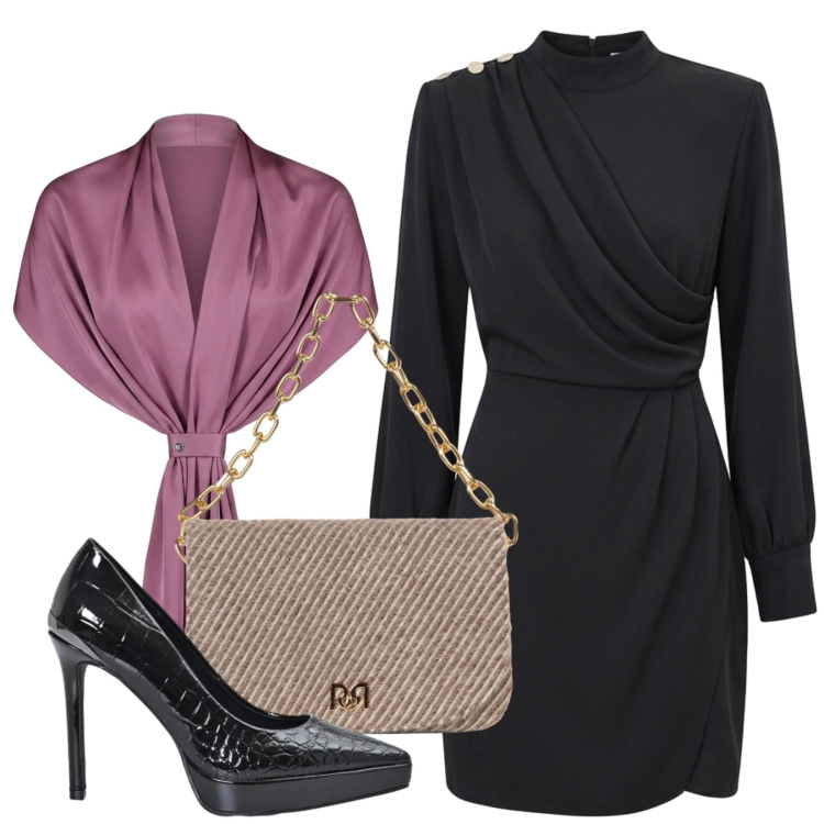 Outfit donna - Incanto di sera. Stile Chic per Serata fuori. Abbinamento con stole, décolleté, borse a spalla, vestiti corti.