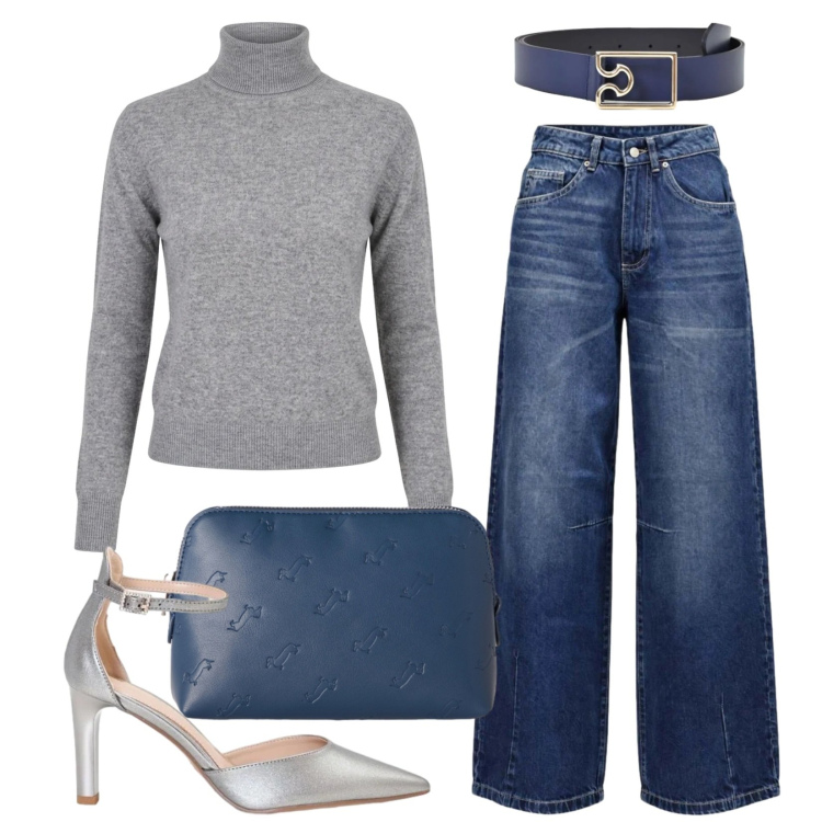 Outfit donna - Serata tacchi e jeans. Stile Sporty chic per Serata fuori. Abbinamento con jeans, pochette, décolleté, pullovers, cinture.