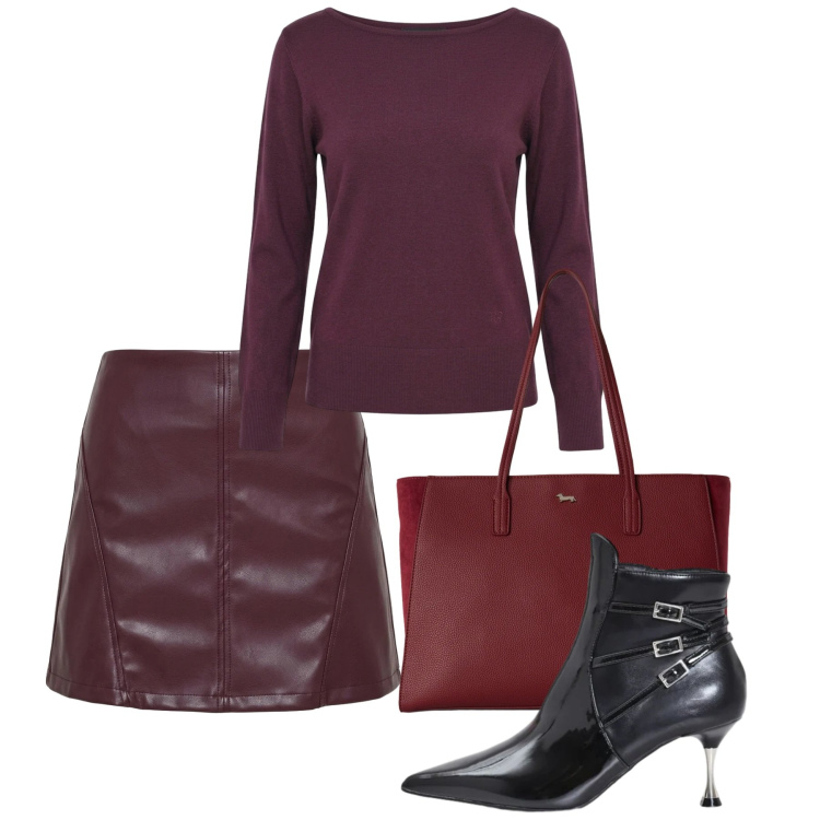 Outfit donna - Merlot. Stile Bon Ton per Tutti i giorni. Abbinamento con shopping bag, stivaletti, minigonne, maglieria.