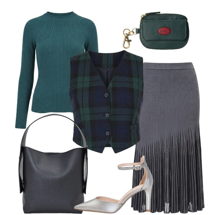 Outfit donna - Il gilet a quadri. Stile Sporty chic per Ufficio. Abbinamento con portamonete, borse a spalla, décolleté, maglieria, gonne longuette, gilet.