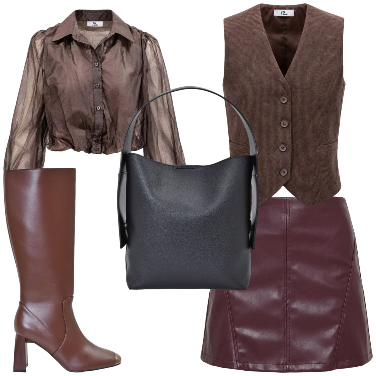 Outfit donna - Casual. Stile Casual per Tutti i giorni. Abbinamento con camicie, gilet, borse a spalla, stivali sopra il ginocchio, minigonne.