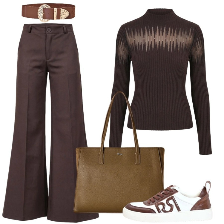 Outfit donna - Colori cioccolato per il lavoro. Stile Sporty chic per Ufficio. Abbinamento con pantaloni, shopping bag, cinture, sneakers, pullovers.