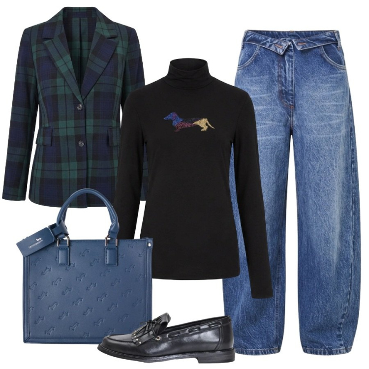 Outfit donna - Jeans e giacca a quadri. Stile Sporty chic per Ufficio. Abbinamento con borse a mano, t-shirt, jeans mom, mocassini, blazer.